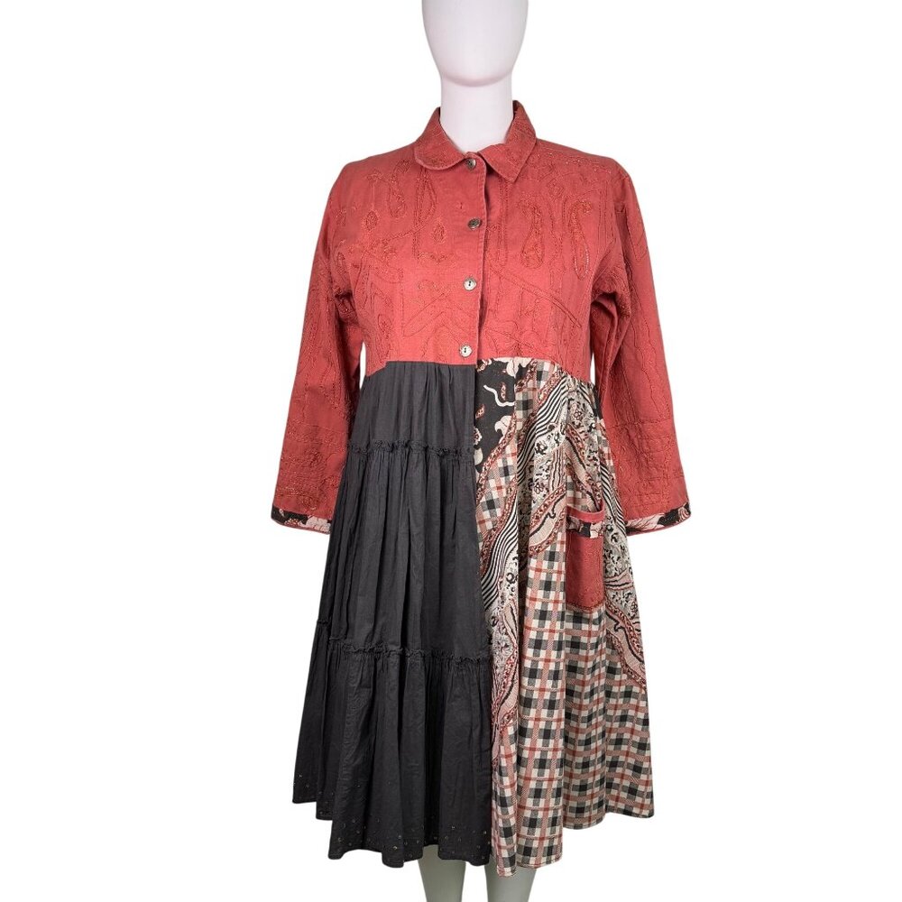 Shari B. Green Womens Red Black Patchwork Button-Up Dress Artsy Style Sz XL